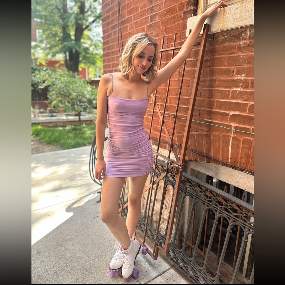Lucy In The Sky purple mini dress with rhinestone straps (size small)